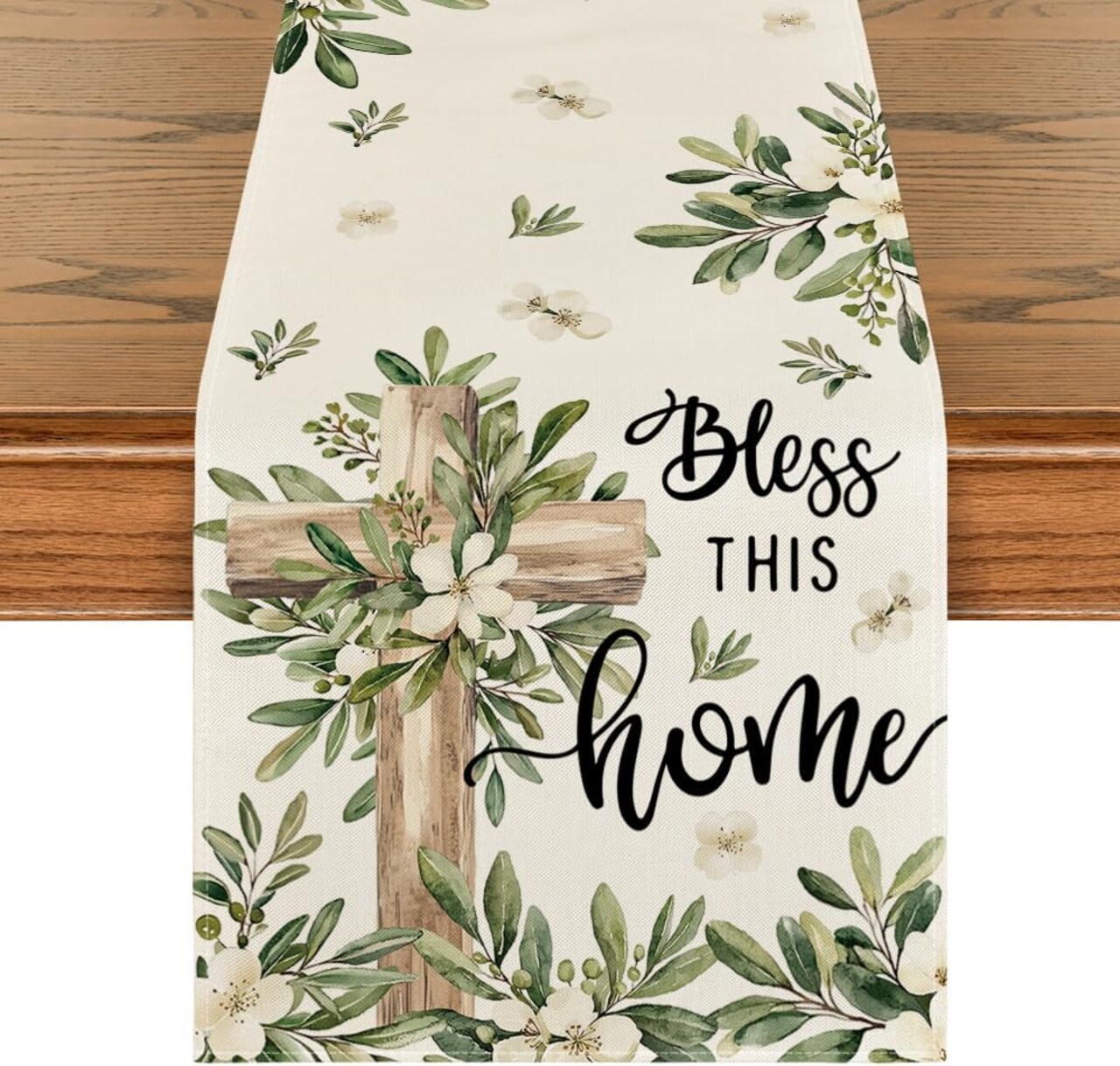 13x72” Cross Olive Leaves Table Runner – Spring/Summer Home & Easter Decor